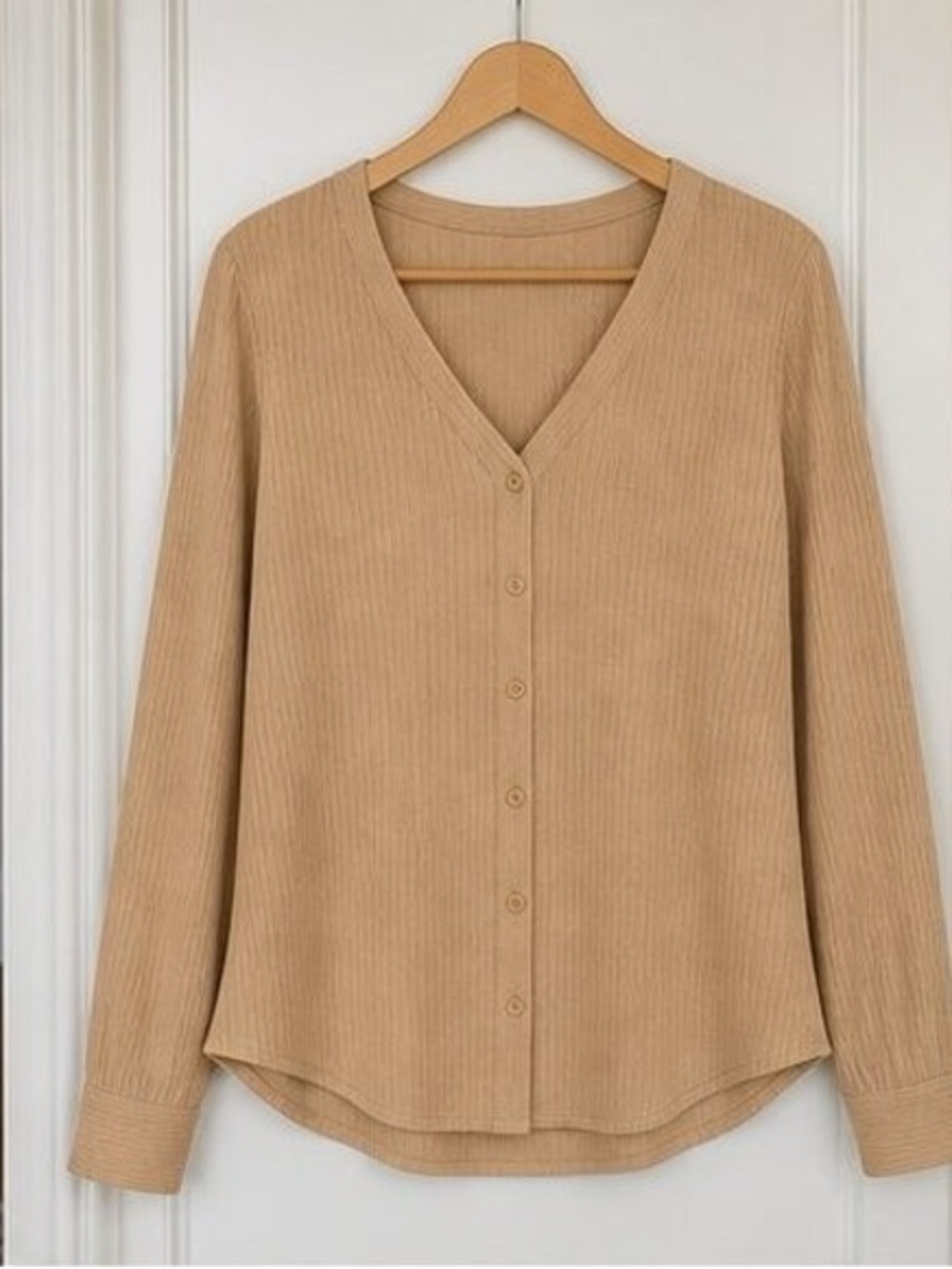 V-Neck Button Front Women's Sweater Cardigan - Tan